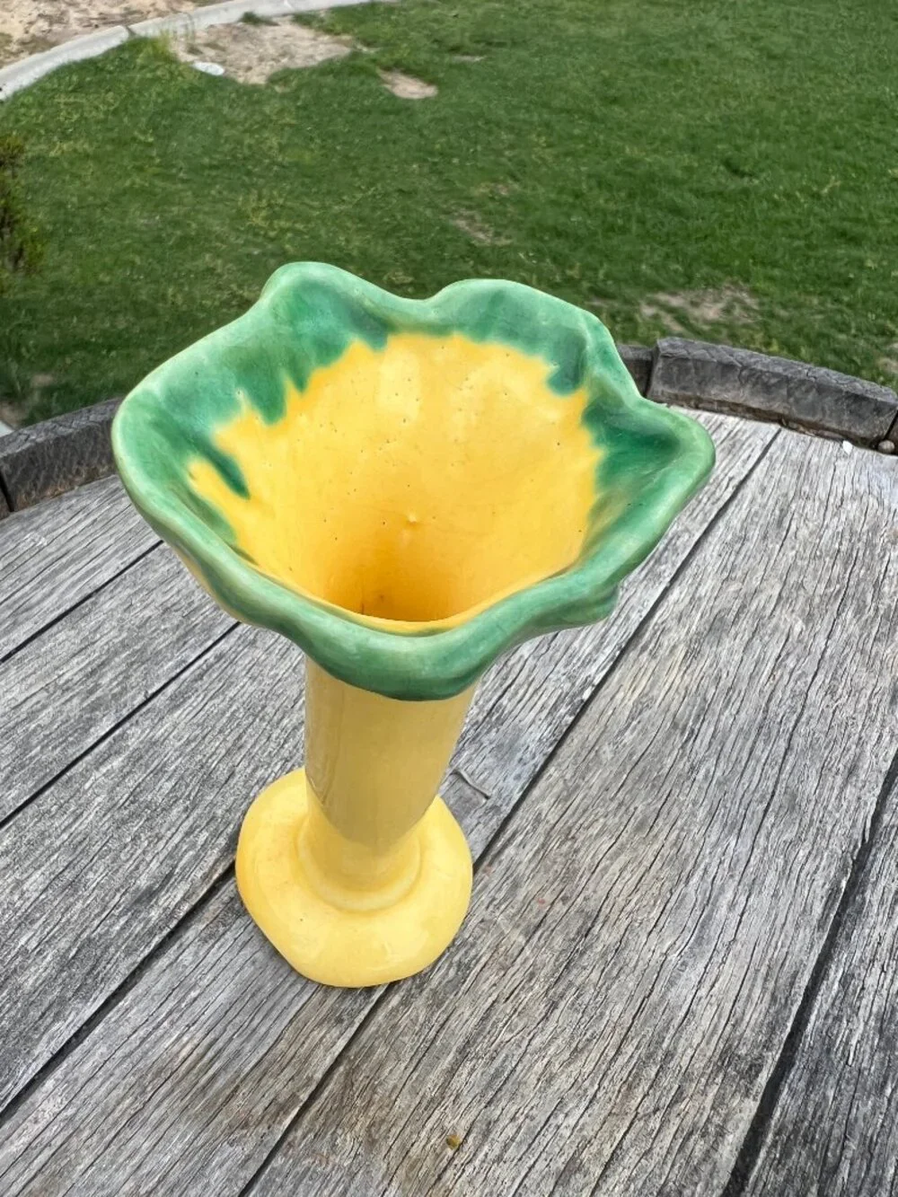 Pair of Vintage Yellow & Green Pottery Bud Vases | Cottage Floral Decor - Picture 8 of 10